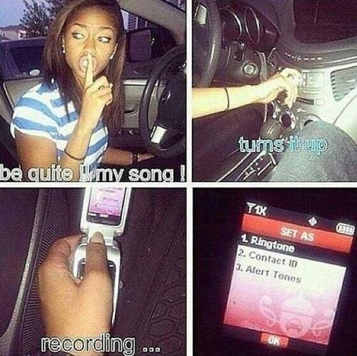 Meme of woman recording ringtone in car