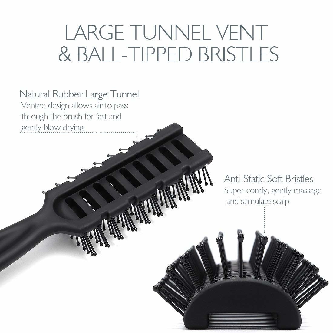 The curved brush with info about the rubber vents to allow air to pass and anti-static bristles that massage the scalp