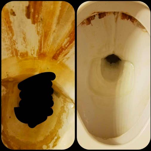 On the left, a thoroughly rust-stained toilet, and on the right, the toilet with about 80% of the stains gone