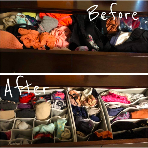 On top, a cluttered underwear and sock drawer with the text &quot;before.&quot; Below, the drawer organized with the tan fabric organizers, with everything neatly in pockets and the text &quot;after&quot;