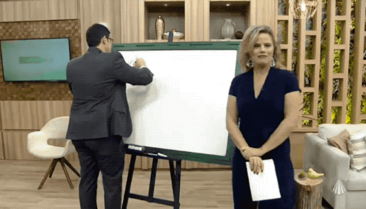 Mauro Calil, convidado especialista que costuma falar sobre finanças no programa, pediu pra explicar um negócio na lousa.