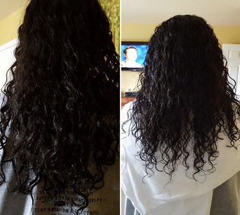 reviewer pic before and after showing how the mask made their hair curlier