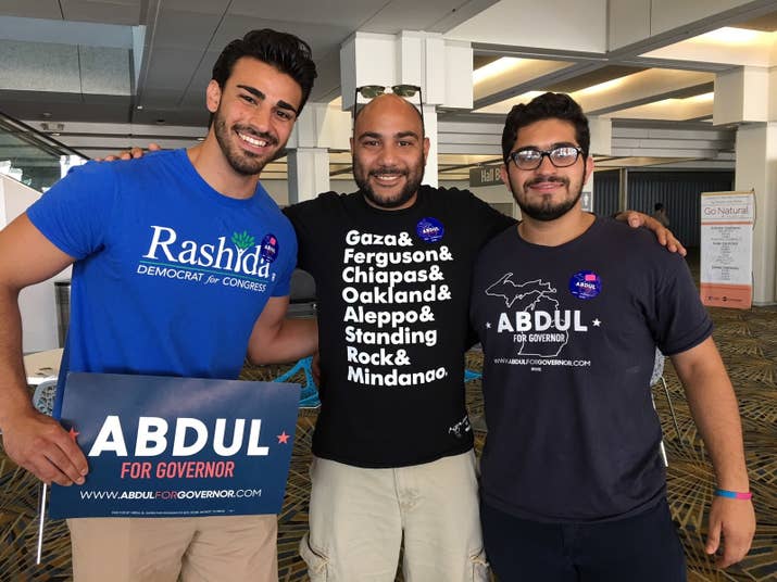 From left: Jousef Shkoukani, 23; Kareem El-Hosseiny, 30; and Chehab Kaakarli, 23, at a campaign rally in Detroit.