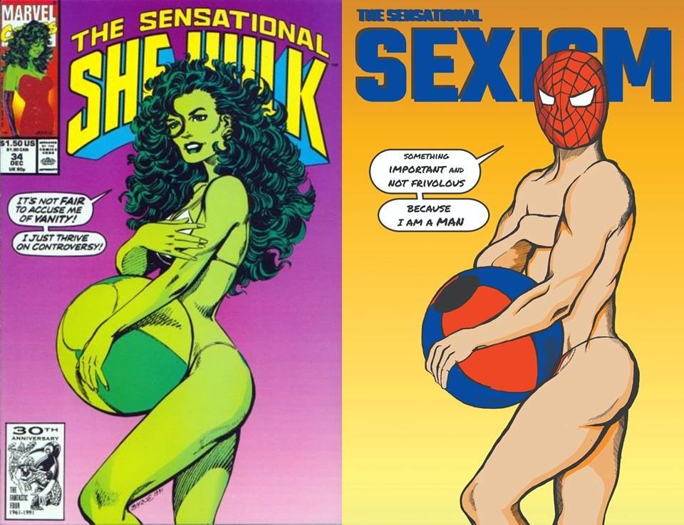 Si las portadas de los cómics mostrasen a los superhéroes como muestran a  las superheroínas