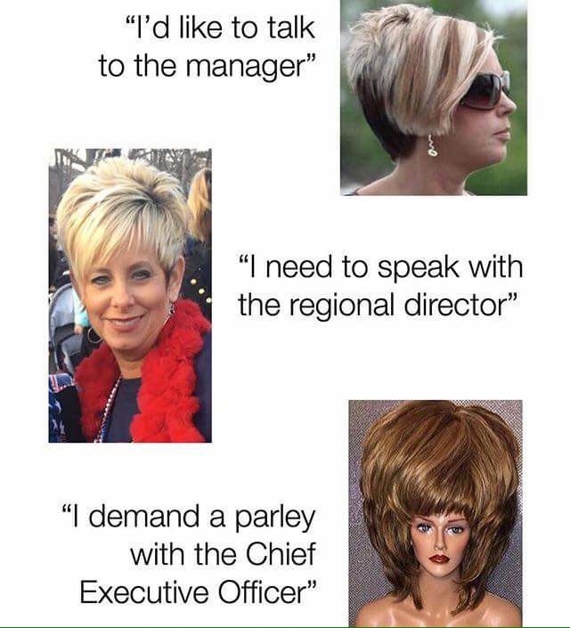 Three &quot;Karen&quot; types with these captions: &quot;I&#x27;d like to talk to the manager,&quot; &quot;I need to speak with the regional director,&quot; and &quot;I demand a parley with the chief executive officer&quot;