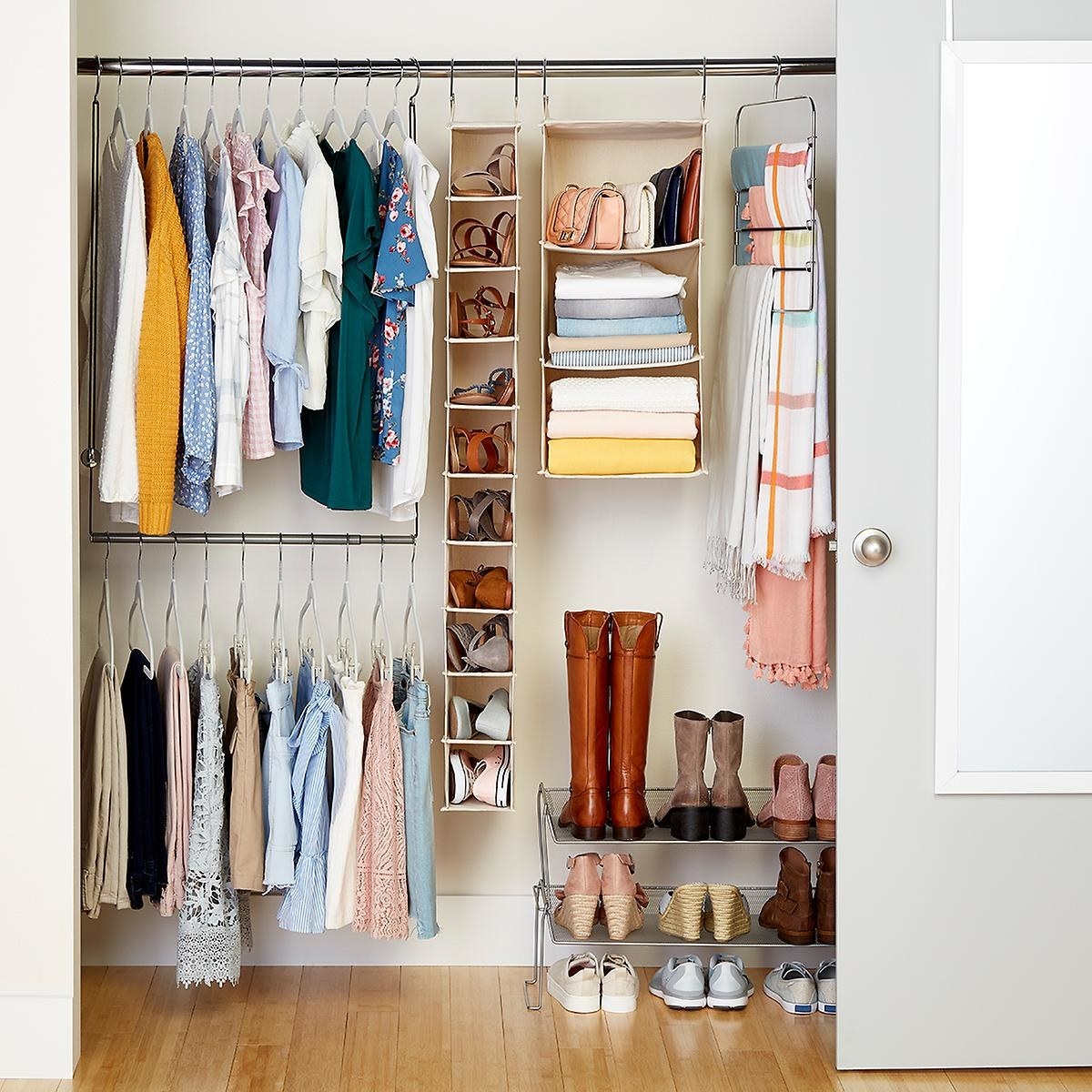 Get it on sale from The Container Store for $114.26 (originally $137.88).This kit includes a closet rod expander, a 10-compartment shoe bag, a hanging garment bag, a 40-piece huggable hanger set, pants hanger, over-the-door mirror, and two shoe shelves.