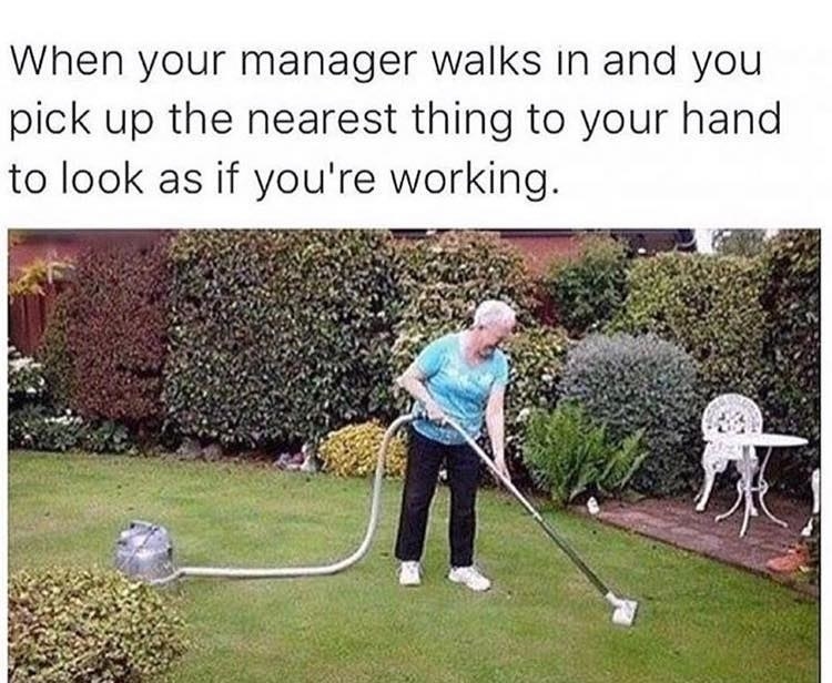 A smiling older woman vacuuming the grass with the caption, &quot;When your manager walks in and you pick up the nearest thing to your hand to look as if you&#x27;re working&quot;
