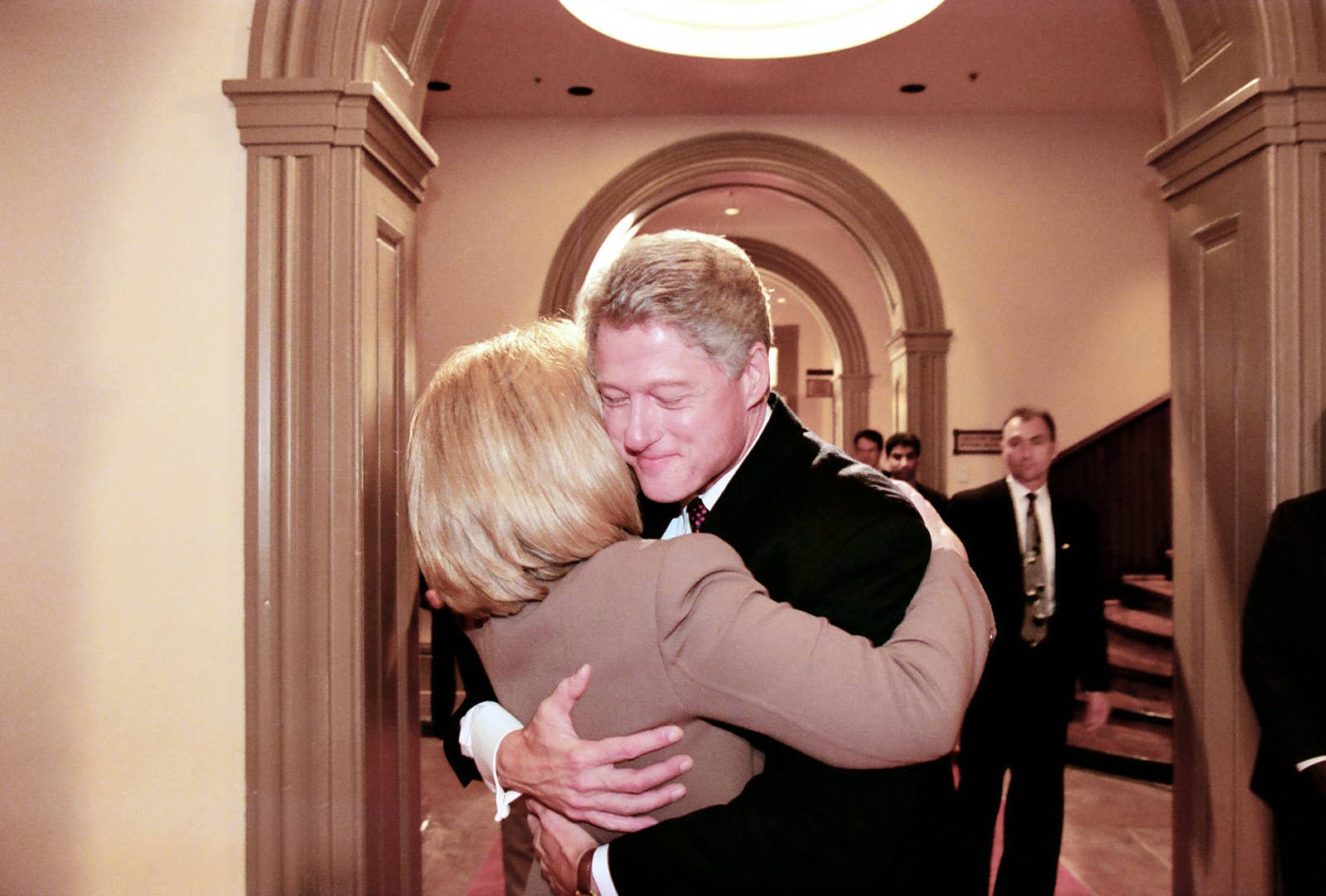 President Bill Clinton embraces first lady Hillary Clinton on election night, Nov. 5, 1996, in Little Rock, Arkansas.