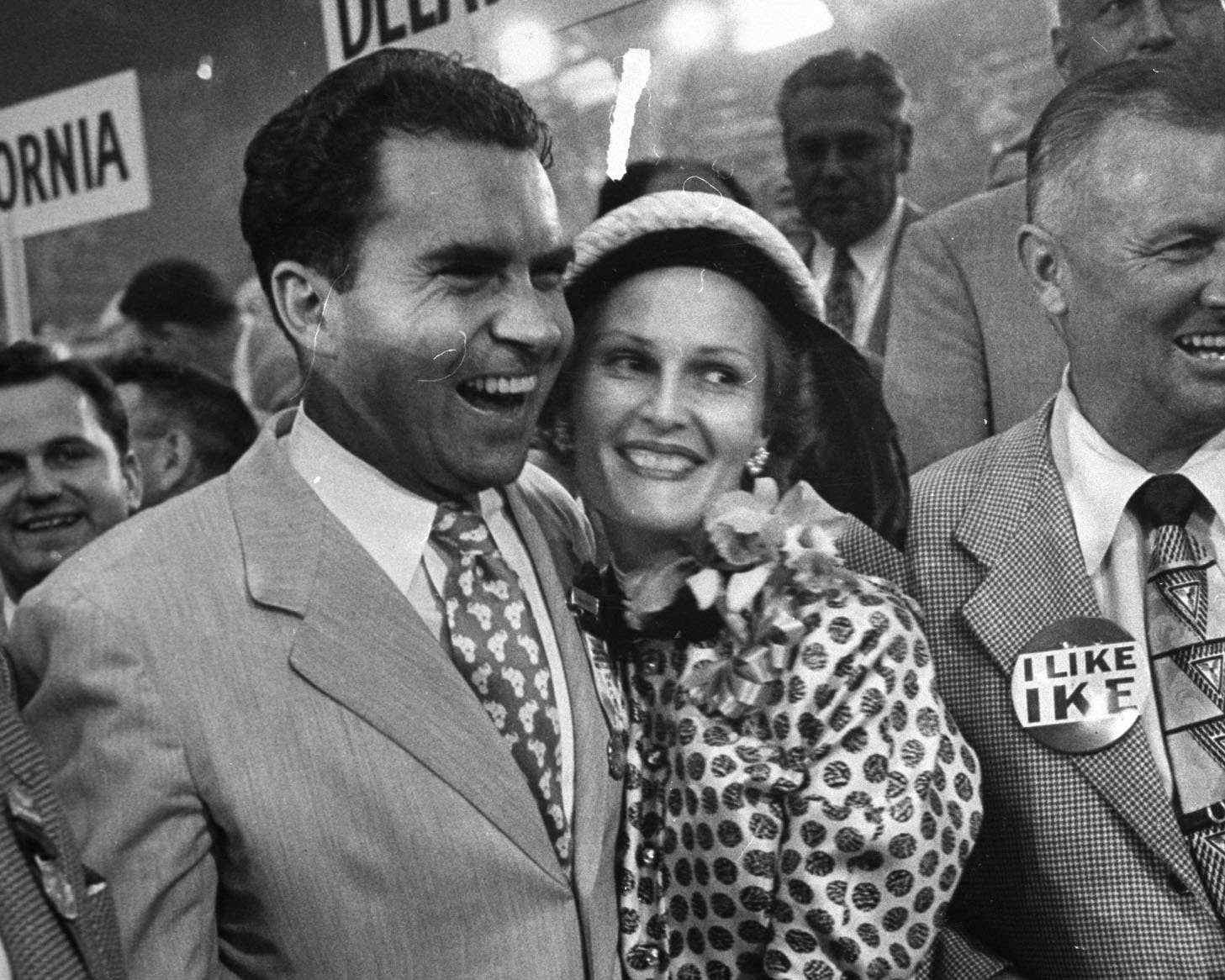 Vice presidential candidate Richard Nixon embraces his wife, Patricia, on the floor of the National Republican Convention on July 1, 1952.