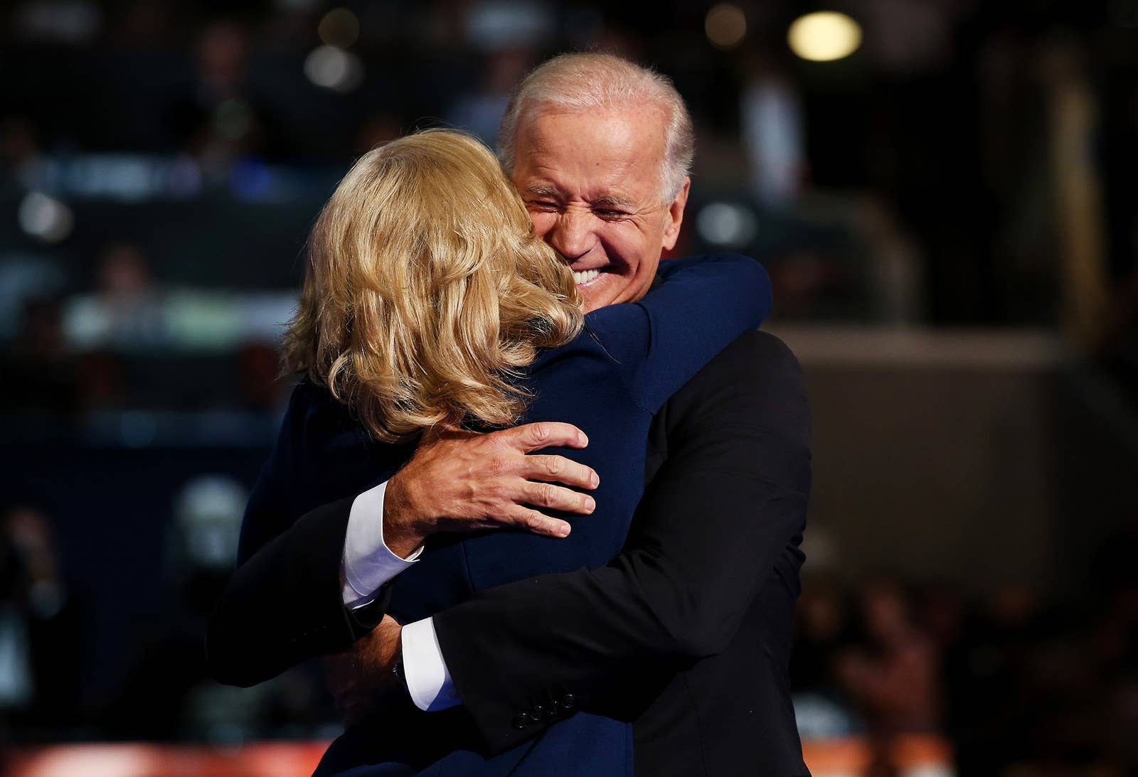 Democratic vice presidential candidate, Joe Biden hugs his wife, Dr. Jill Biden, after speaking during the final day of the Democratic National Convention on Sept. 6, 2012, in Charlotte, North Carolina.