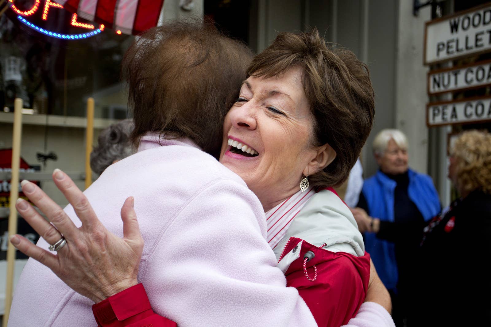 Sen. Susan Collins hugs a supporter while campaigning in Yarmouth, Massachusetts, on Sept. 30, 2014.