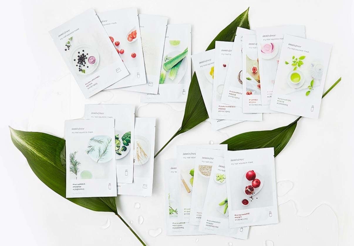 sheet masks with photos of the ingredients on the packaging 