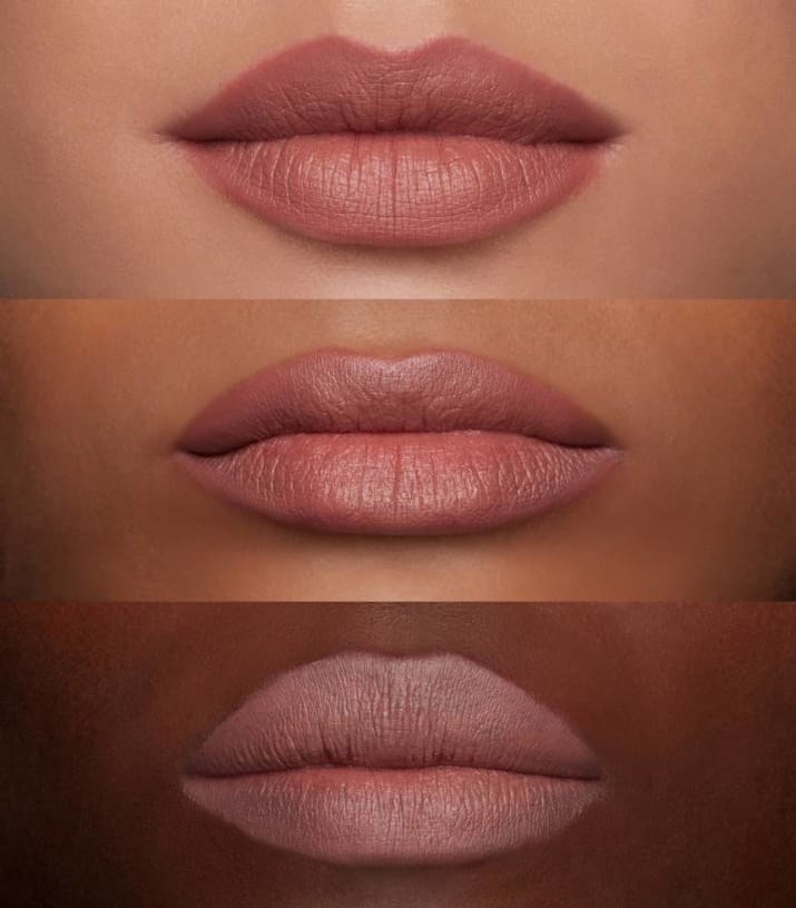 three models&#x27; lips with different skin tones wearing different nude pinks. Their skin tons range from light to dark
