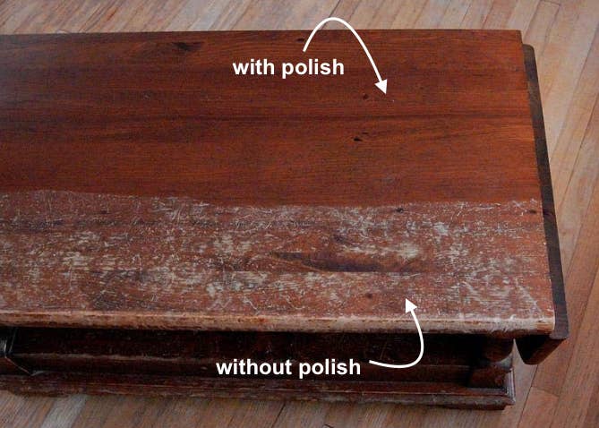 reviewer photo of wood table looking clean on top labeled &quot;with polish&quot; and scratched up on bottom labeled &quot;without polish&quot;