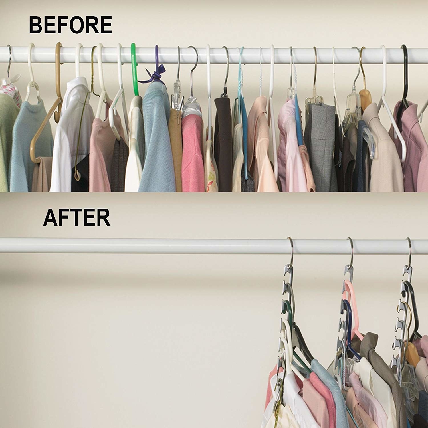 Every time you go to pick up a shirt, you'd just hook the second end of the hanger to your rod, pick your shirt, then unhook one end again. Get the pack of four on Amazon for $19.99 (five colors).