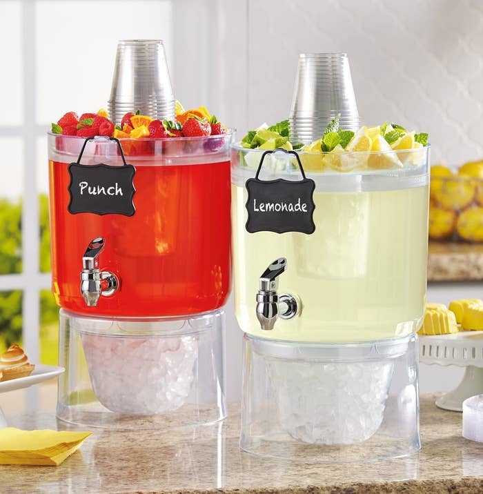 These dispensers include a compartment for ice with a detachable bottom that can act as an ice bucket. The top has storage space for fruit or other sweeteners. Get a set of two from Amazon for $36.95+ (available in larger quantities).