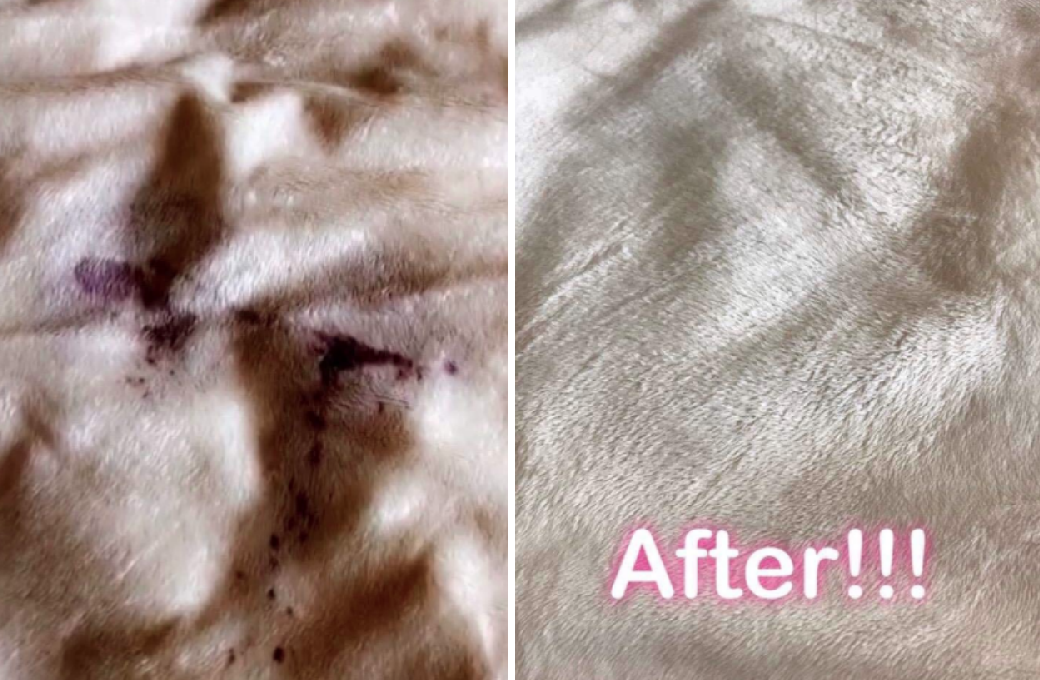 blanket with red wine stain and after photo showing the wine stain gone after using spray