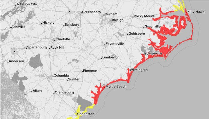 Storm surge warnings (red) and watches (yellow) for the Carolinas.