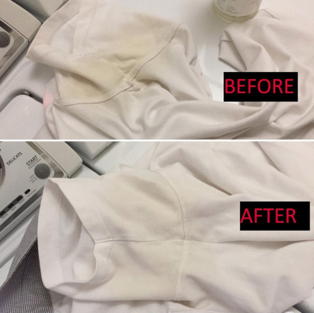 before image of white shirt with sweat stains and after image showing same shirt with less noticeable stains