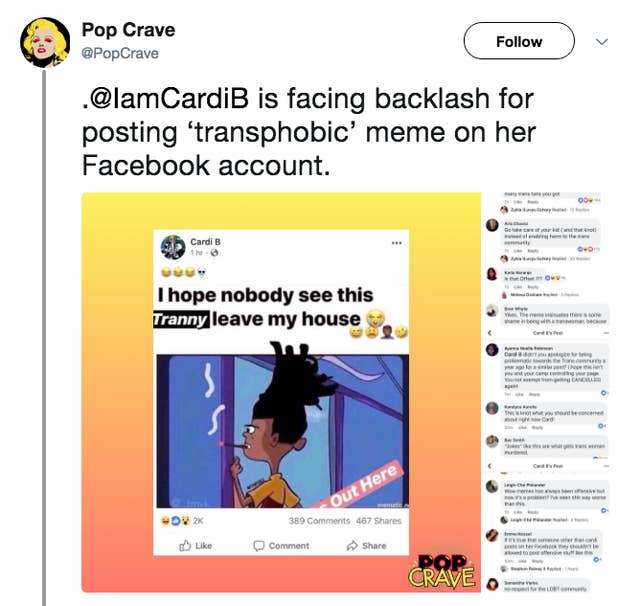 An Offensive Meme Was Posted To Cardi B S Facebook Page The Star Said She Isn T Responsible