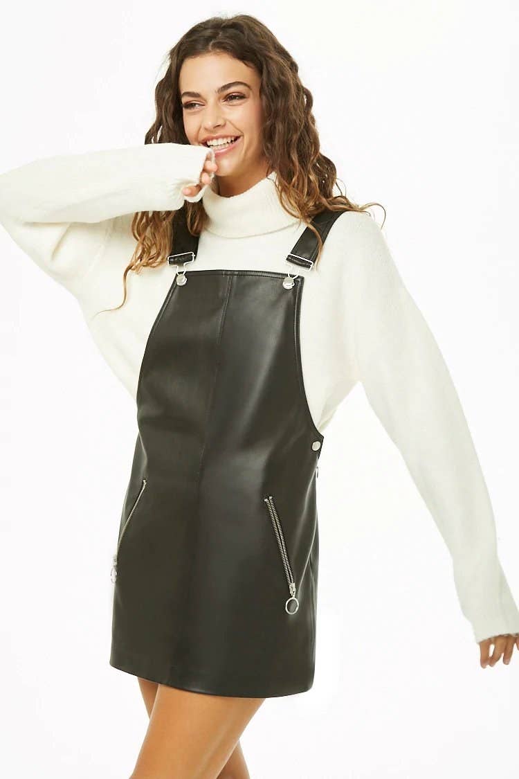 knee length dresses for ladies Womens Leather Dungaree Dress #1 by LeatherCult