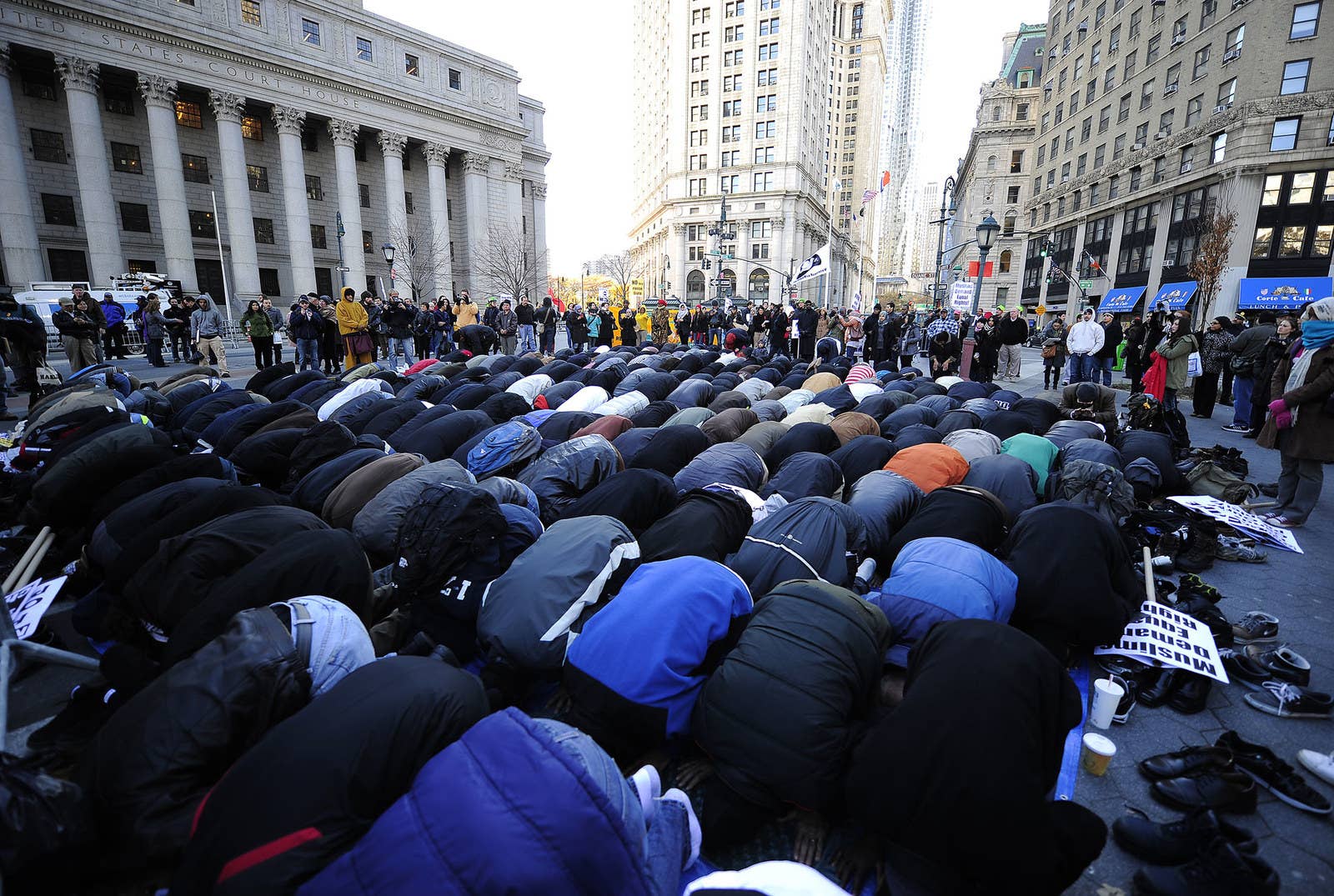 Muslims perform Friday prayers at Foley Square in New York City in support of Occupy Wall Street on Nov. 18, 2011.