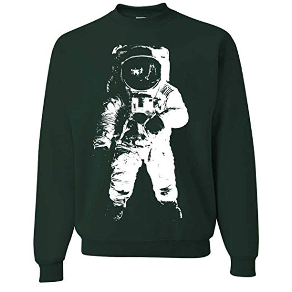 black sweatshirt with screen print of astronaut on it