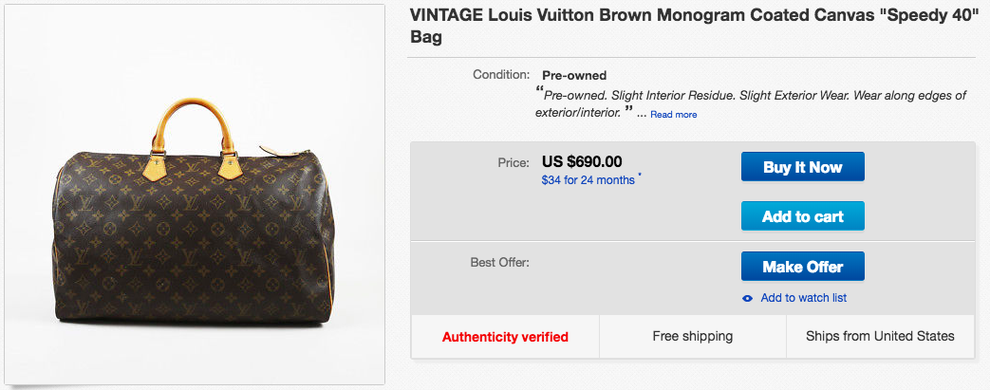Verified Louis Vuitton Speedy 40 Vintage Louis Vuitton 
