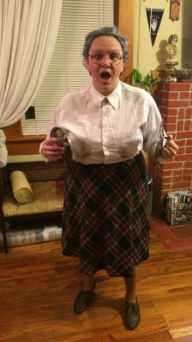 Someone dressed as Mrs. Doubtfire, singed breasts and all