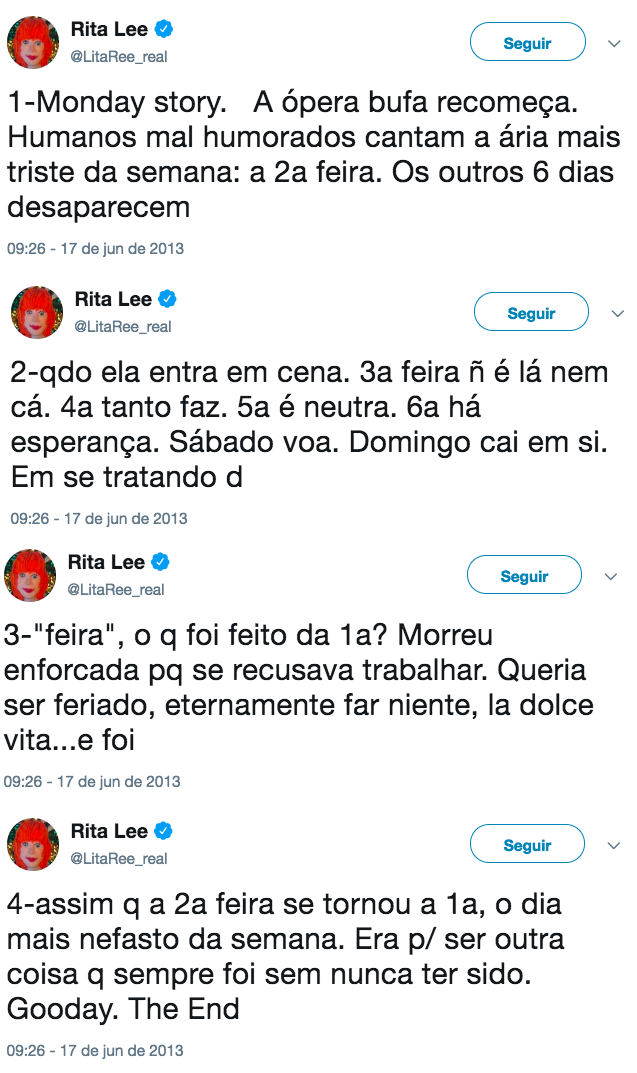 Veja os tuítes aqui, aqui, aqui e aqui. Na época nem existia a thread no Twitter.