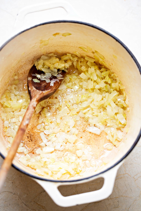 Pot filled with browned sliced onions