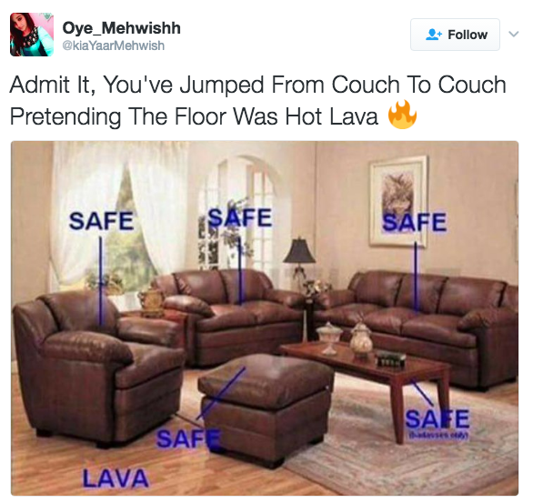 Meme of a living room with couches marked as safe and floor as lava