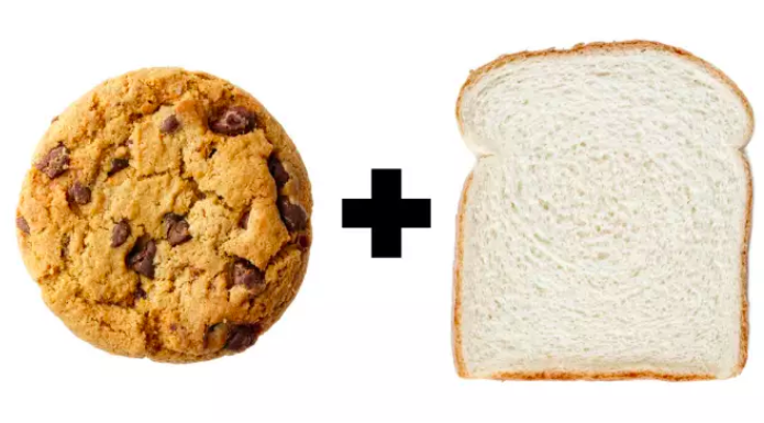 Chocolate chip cookie and slice of bread with a big black plus sign between them, showing that they go well together