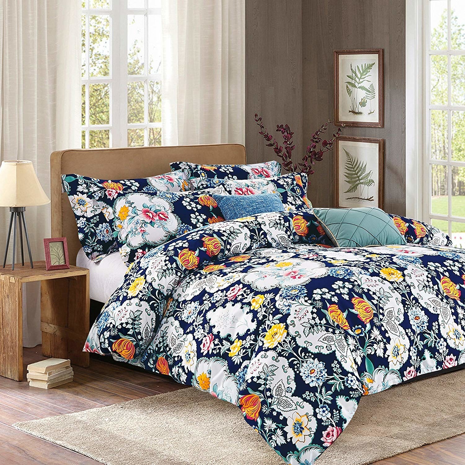 the blue microfiber duvet set with a bright floral print in various colors