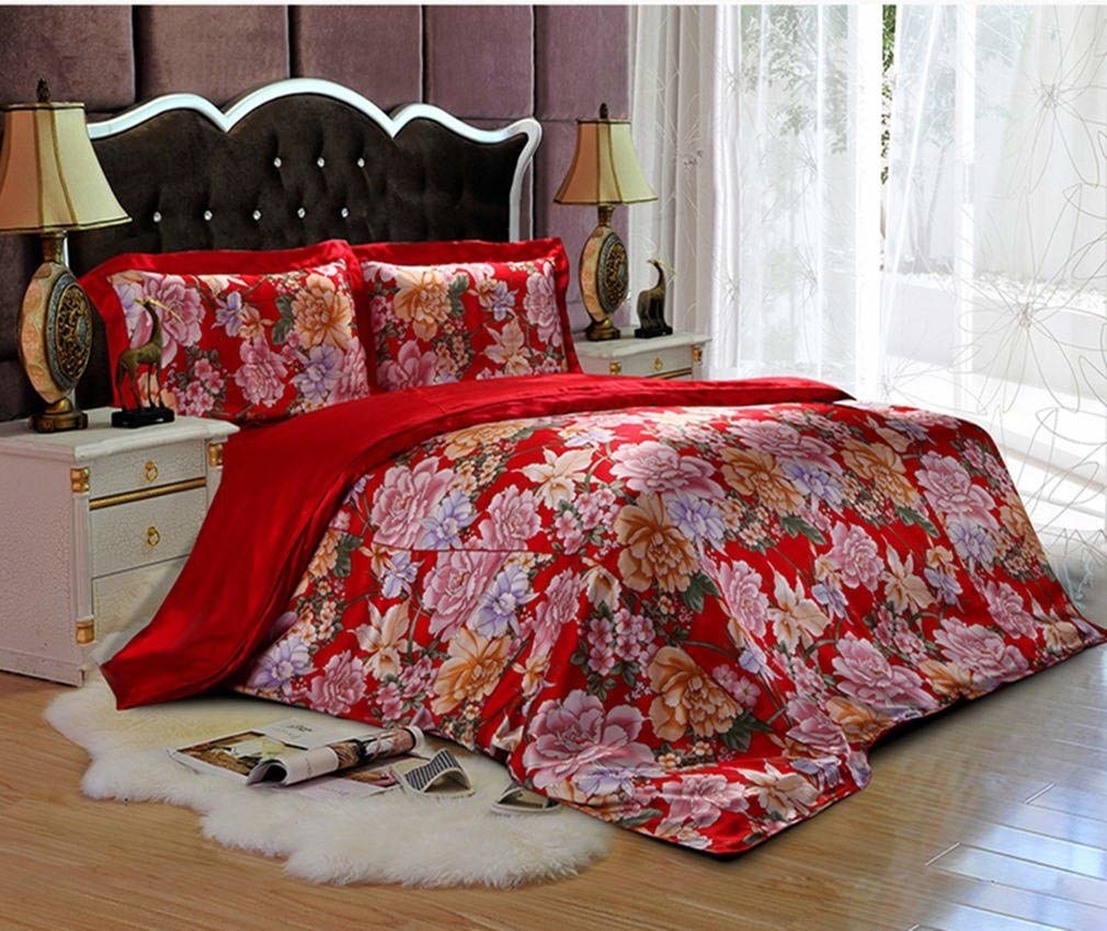 the red mulberry silk duvet set with a pink floral print