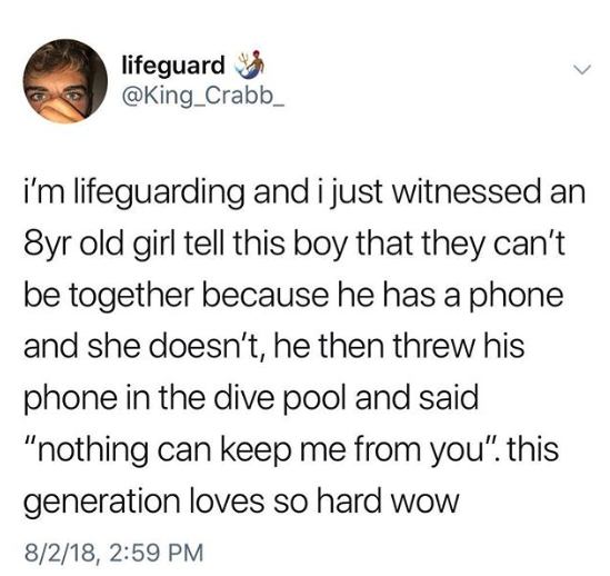 tweet about a kid throwing his phone in a pool to try to get a girl