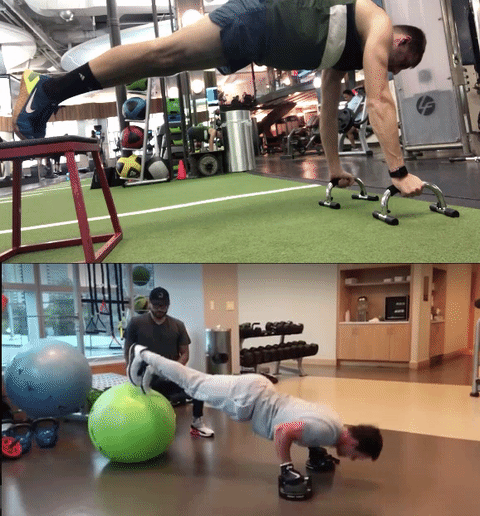 Mark Wahlberg posts a lot of fitness videos on Instagram, so I tried to copy similar workouts as him for this project. I noticed that he does a lot of elevated push-ups (I'm on the top and he's on the bottom in the above GIF). His second workout of the day only lasts one hour, and I couldn't be more thrilled that it was a shorter workout. I was so close to the end of the day and to my head hitting the cool side of my pillow. I could almost see the light.