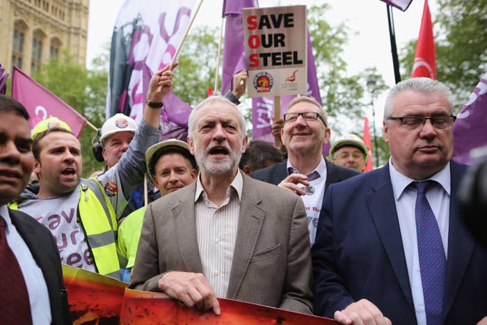Jeremy Corbyn protests alongside union figures, including Len McCluskey.