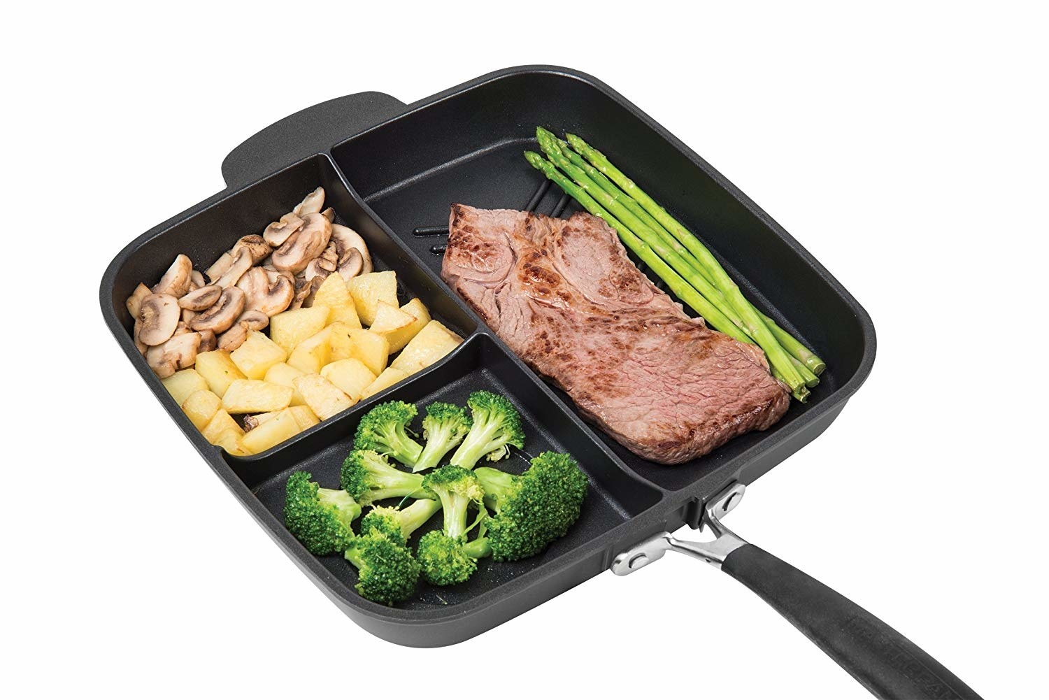 rectangular skillet with one larger 1/2 side and two smaller 1/4 compartments on the other side