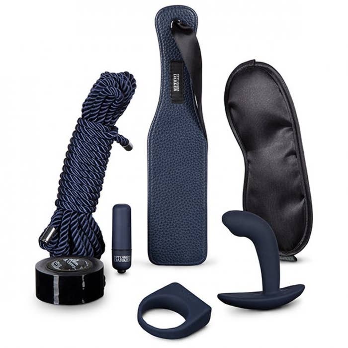 The set includes a double-sided paddle, bondage rope, bullet vibrator, a vibrating penis ring, bondage tape, a butt plug, and a blindfold.Promising review: "We didn't use everything in the kit but very pleased with the quality of the products." —AnonymousGet it from Adam & Eve for $69.95.
