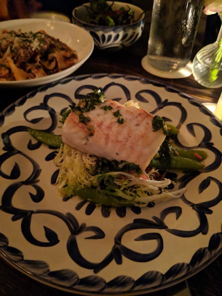 The entrees are great for sharing. The perfectly cooked Halibut is served on top of frisee salad of sauteed asparagus, snap peas, and watermelon radish. The savory nettle chimichurri on top adds a nice flavor to the fish.