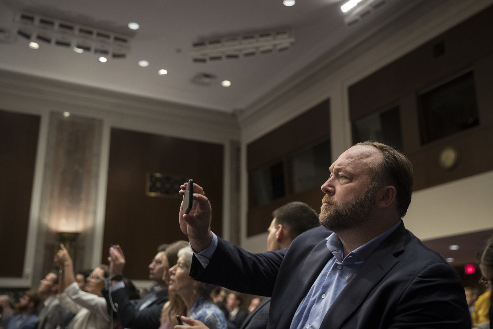 Alex Jones during the Senate Intelligence Committee hearing on Wednesday.