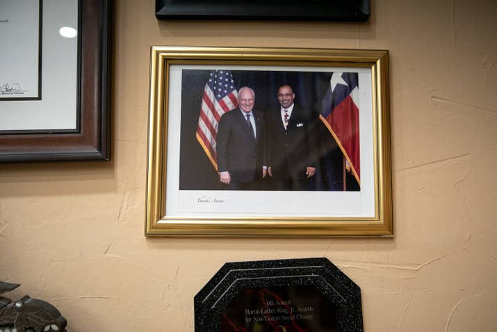 A photo of Khalifa with the former vice president, Dick Cheney, in Khalifa&#x27;s office.