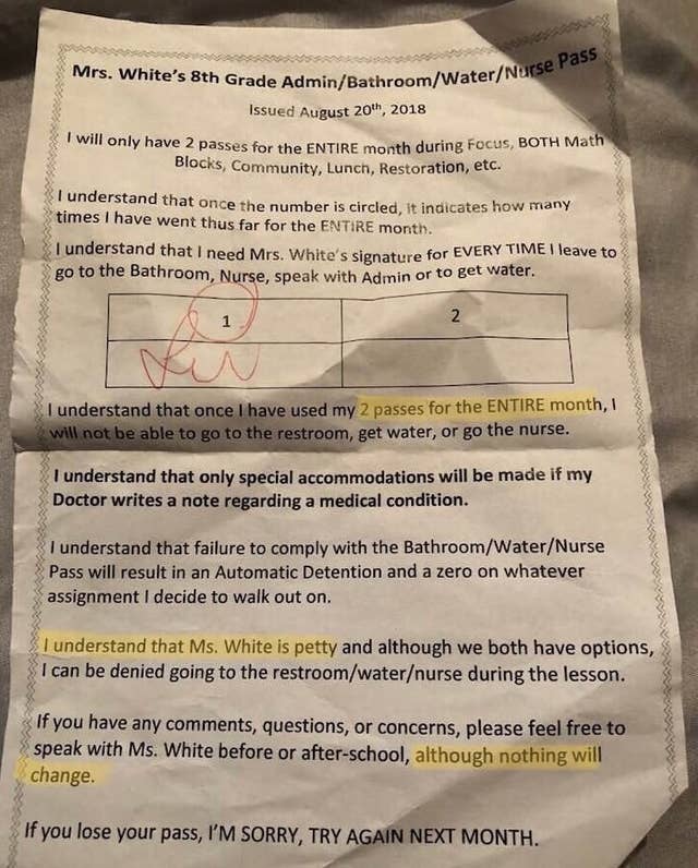 A School Is Investigating After A Note Showed A Teacher Trying To Limit Students Bathroom And Nurse Trips