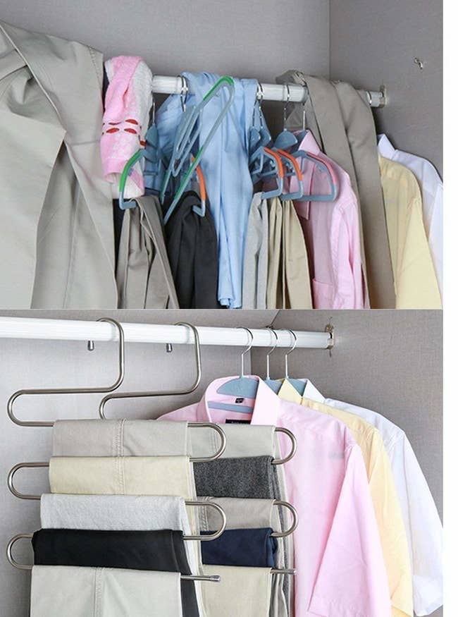 A curved S-shaped hanger holding five pairs of pants on different tiers 