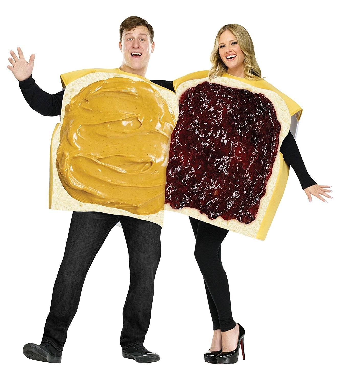 model wearing the peanut butter bread top and another model wearing the jelly side