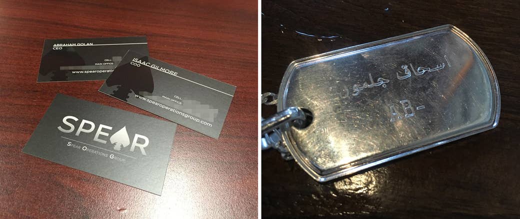 Left: Business cards for Spear Operations Group; Right: Gilmore's dog tags