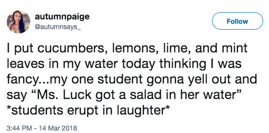 Teacher is ridiculed by her students as having &quot;a salad in her water&quot; after she puts cucumbers, lemons, lime, and mint leaves in her water