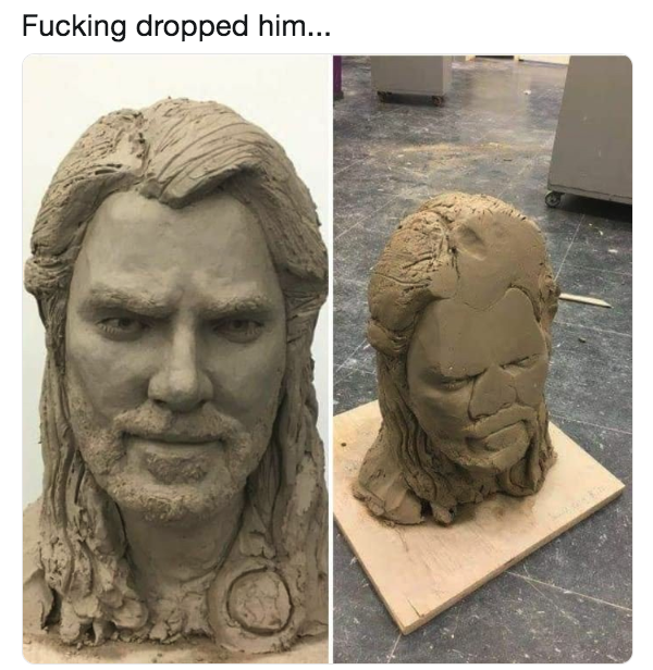 A sculpture of a face in one photo is smooshed in another with the text &quot;Fucking dropped him&quot;