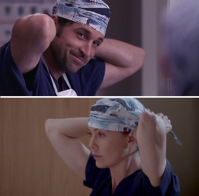 Derek and Meredith wearing a scrub cap